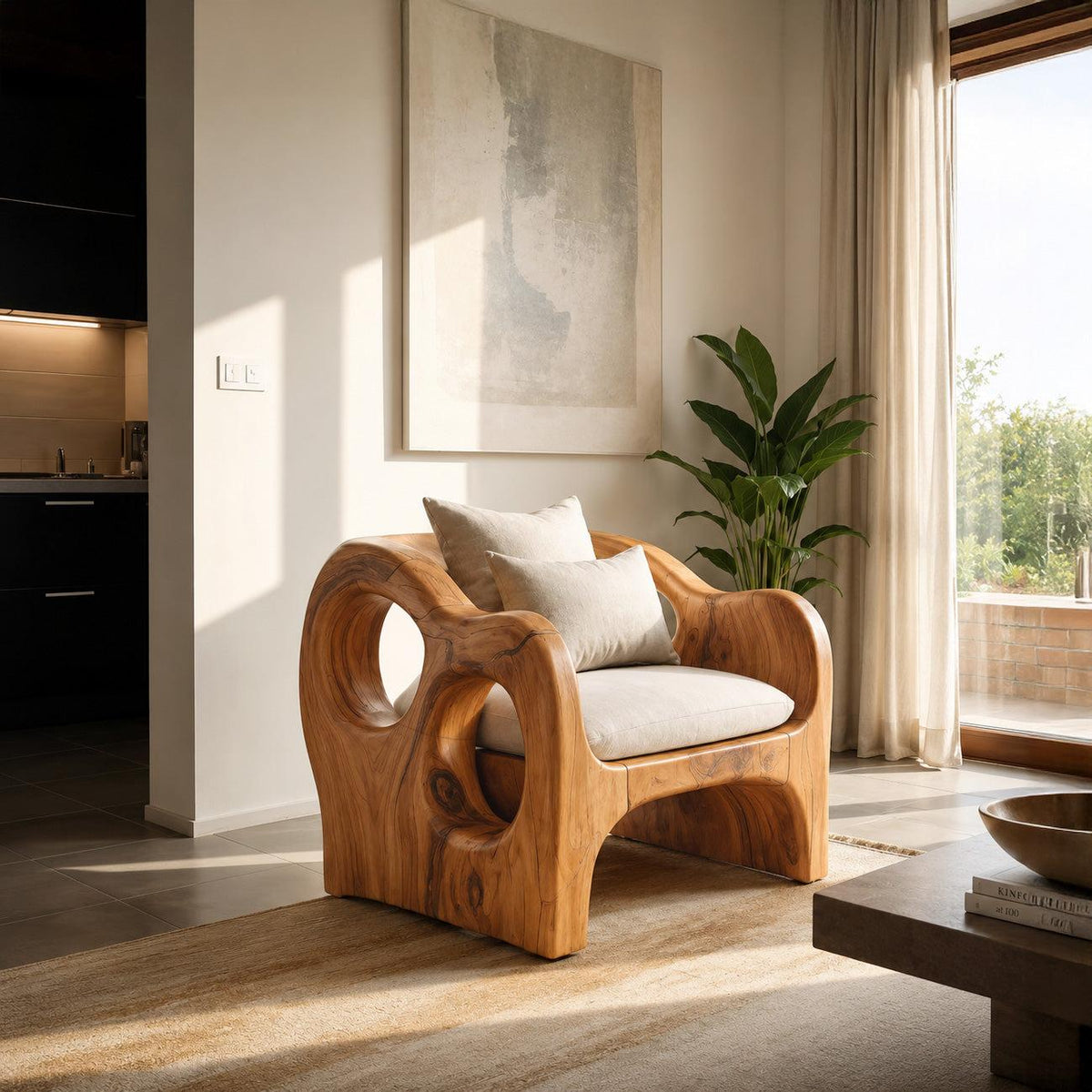 Artistic Sculpted Wooden Armchair, Mid-Century Modern Accent Lounge Chair for Living Room, Model