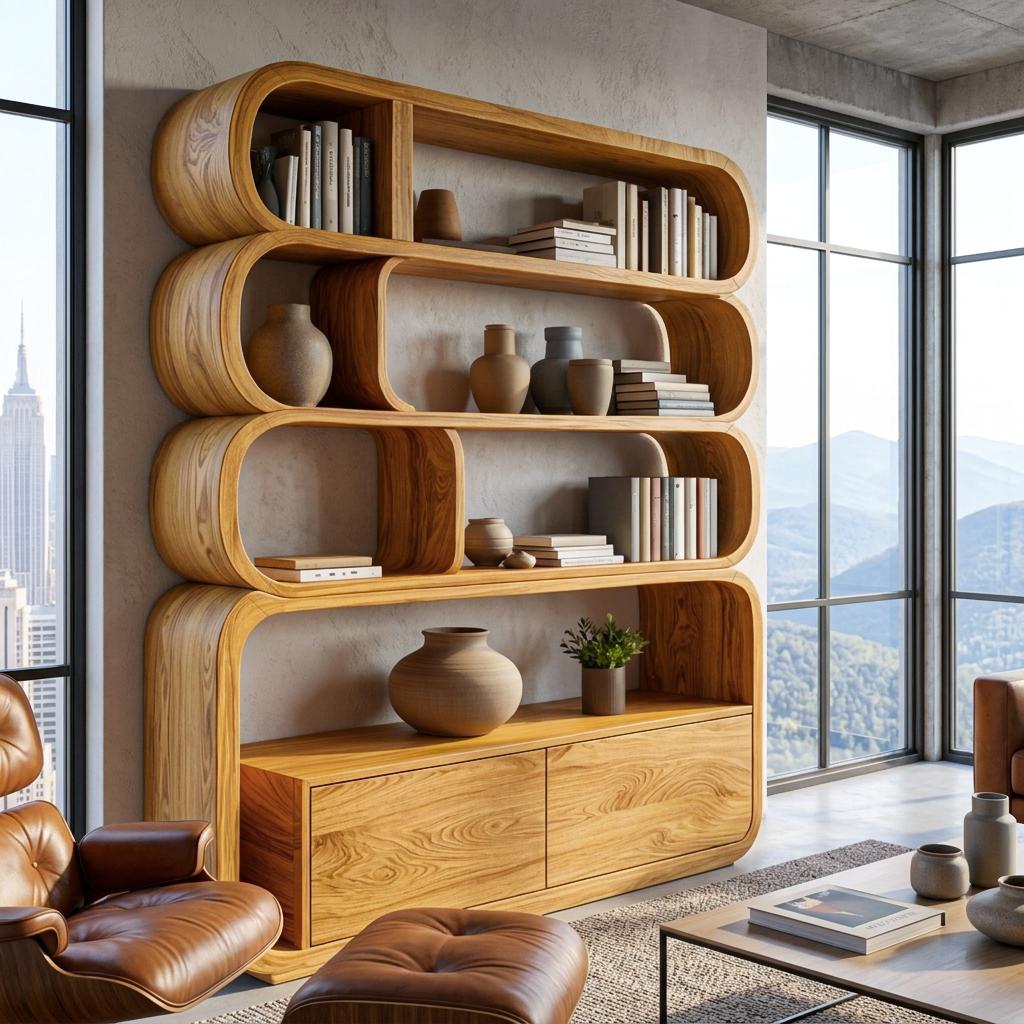Modern Natural Wood Bookshelf with Curved Structure, Handcrafted Solid Wood Bookcase for Living Room & Office