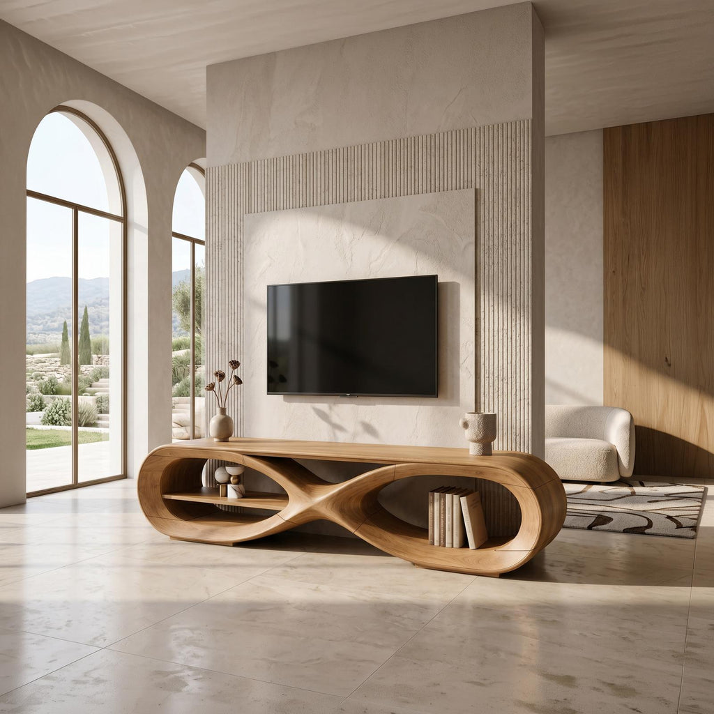 Mid-Century Sculptural TV Console, Retro Wood Media Cabinet Sideboard for Living Room