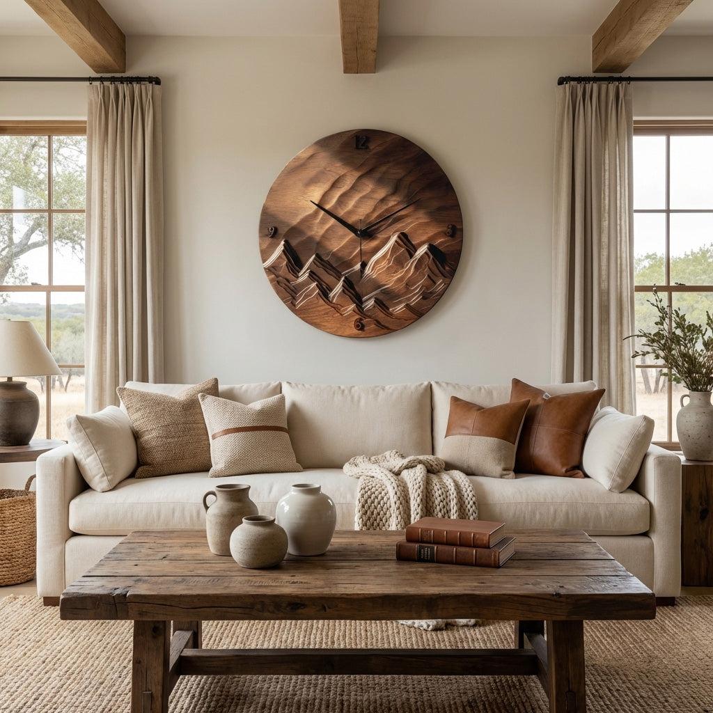 Rustic Wood Landscape Wall Clock, Handcrafted Nature Inspired Wooden Timepiece for Cabin & Living Room