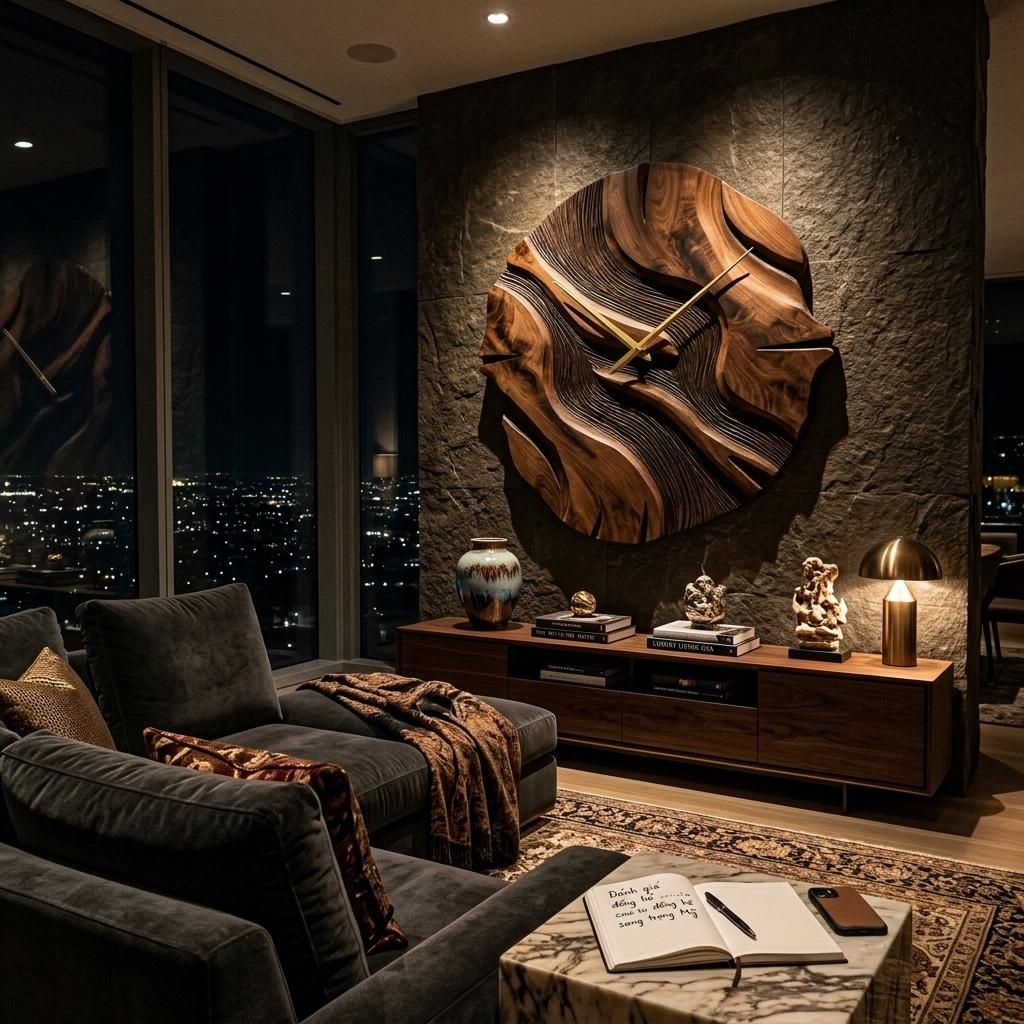 Organic Sculptural Wooden Wall Clock, Modern Abstract Hand-Carved Wood Clock for Living Room Wall Decor