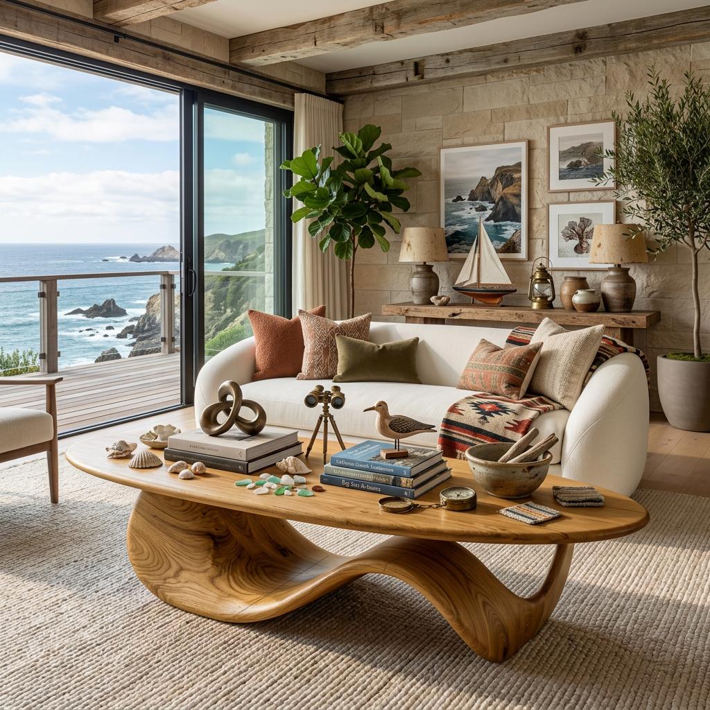 Modern Wooden Coffee Table with Sculptural Wave Design, Unique Organic Center Table for Living Room, Model