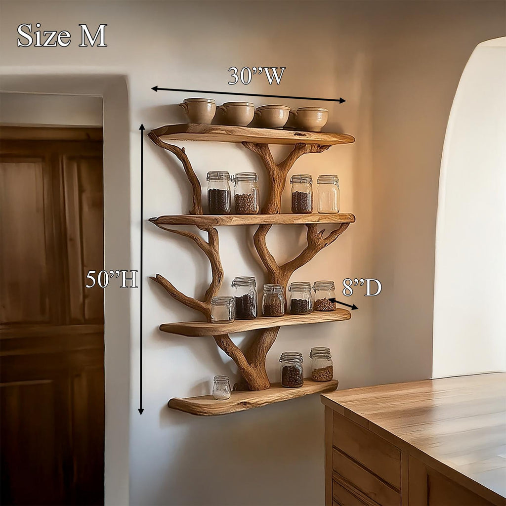 Rustic Organic Tree Kitchen Wall Shelf, Solid Wood Floating Branch Storage Display Organizer for Home Pantry