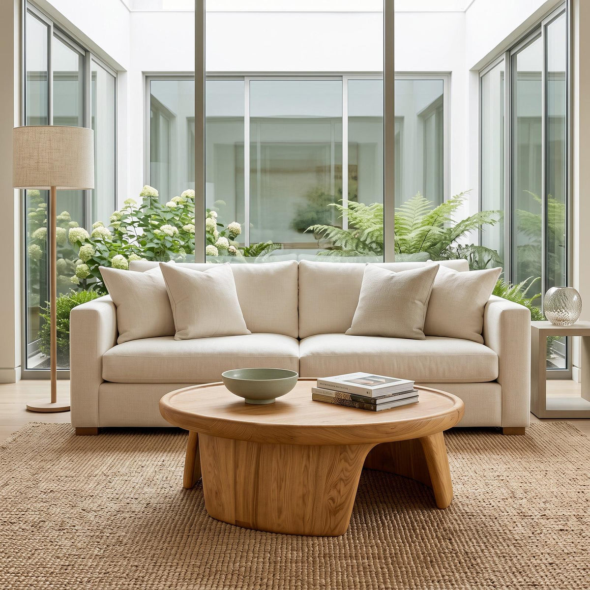Modern Wooden Coffee Table with Triple Pedestal Base, Unique Round Wood Center Table for Living Room, Model