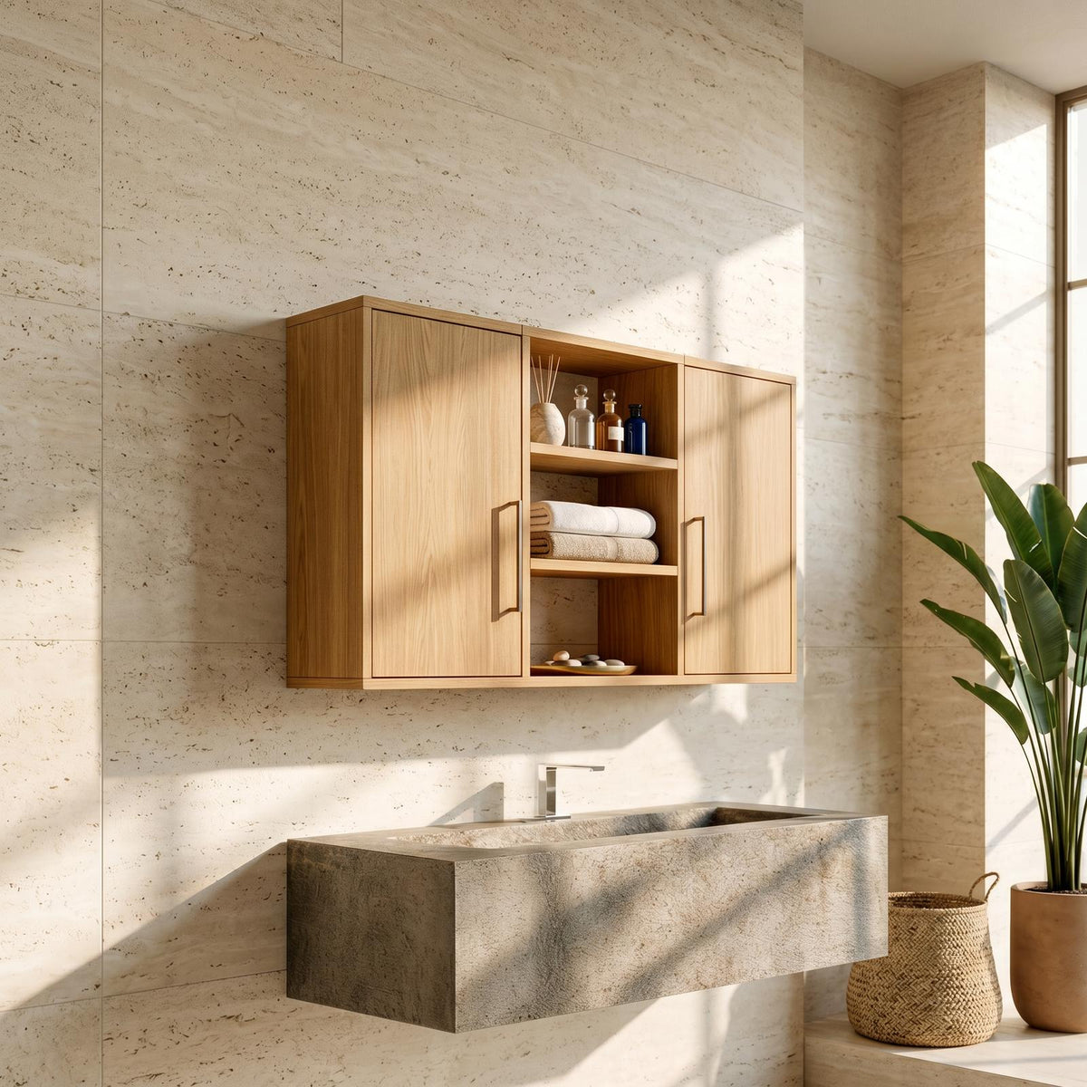 Spry Interior Scandinavian Clean Line Wood Bathroom Cabinet, Minimalist Modern Vanity Console, SILDTTRBRC001