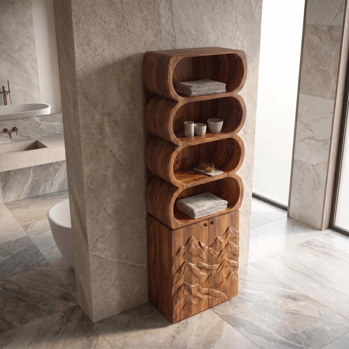 Minimalist Wood Bathroom Cabinet, Rounded Shelves & Sculptural Carved Door Storage Cabinet