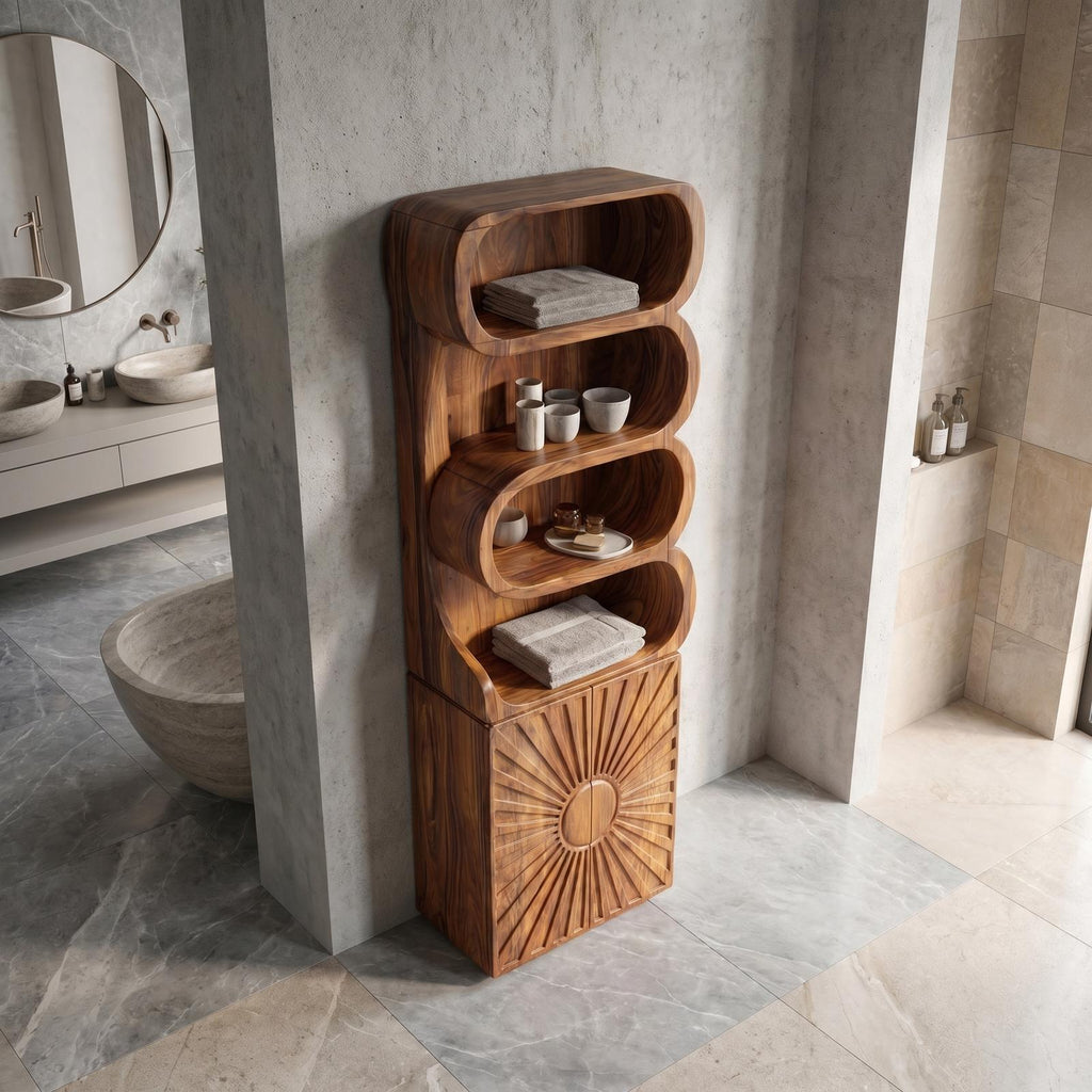 Organic Wood Bathroom Cabinet, Open Shelving & Sculptured Hand Carved Door Storage Cabinet