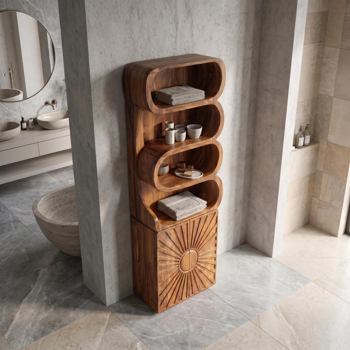 Organic Wood Bathroom Cabinet, Open Shelving & Sculptured Hand Carved Door Storage Cabinet