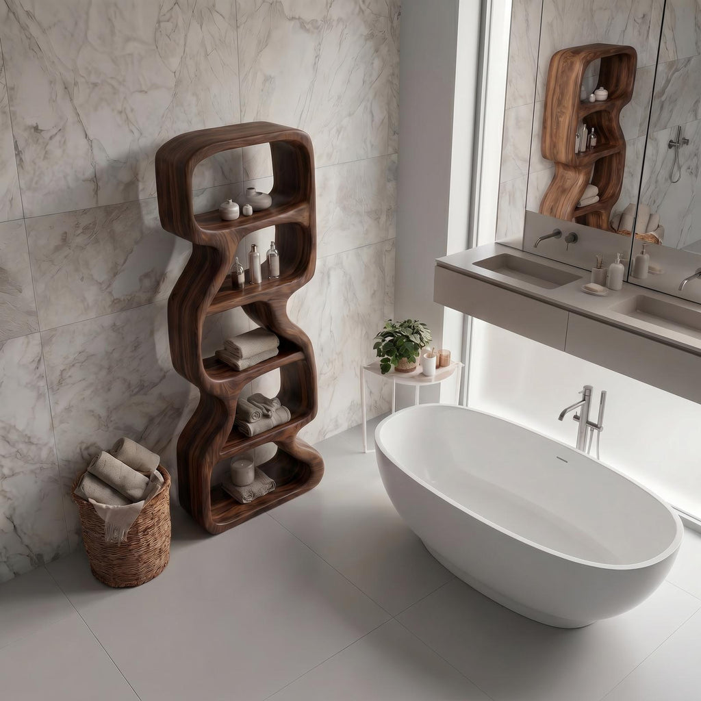 Wooden Bathroom Storage Cabinet, Handcrafted Standing Floor Organizer with Open Shelves