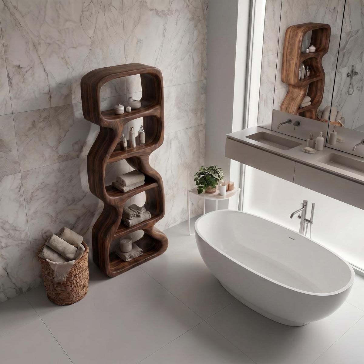 Wooden Bathroom Storage Cabinet, Handcrafted Standing Floor Organizer with Open Shelves