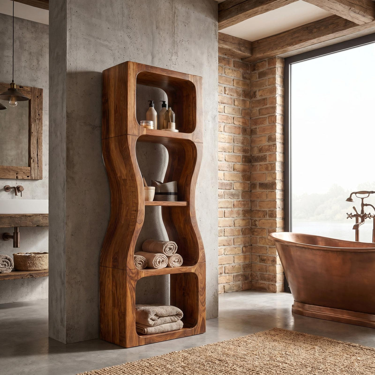 Rustic Modern Bathroom Cabinet, Sculptural Wave Design Wood Storage Cabinet with Open Shelves