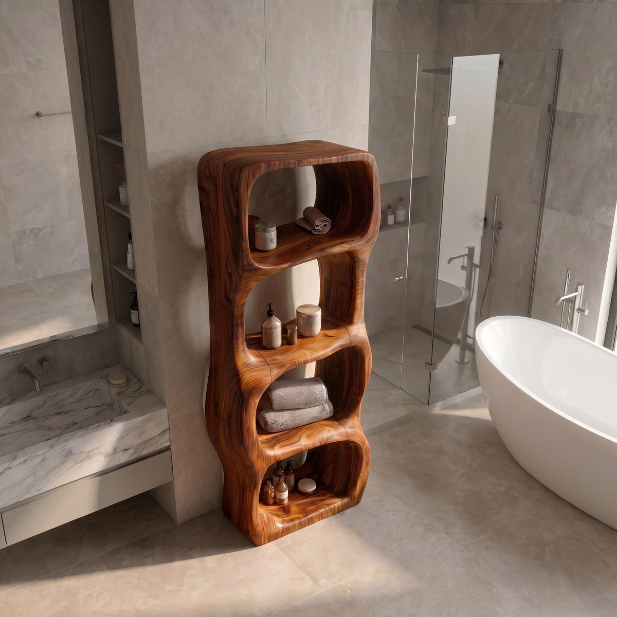 Modern Organic Bathroom Cabinet, Rounded Sculptural Shelves & Open Storage Standing Wood Cabinet