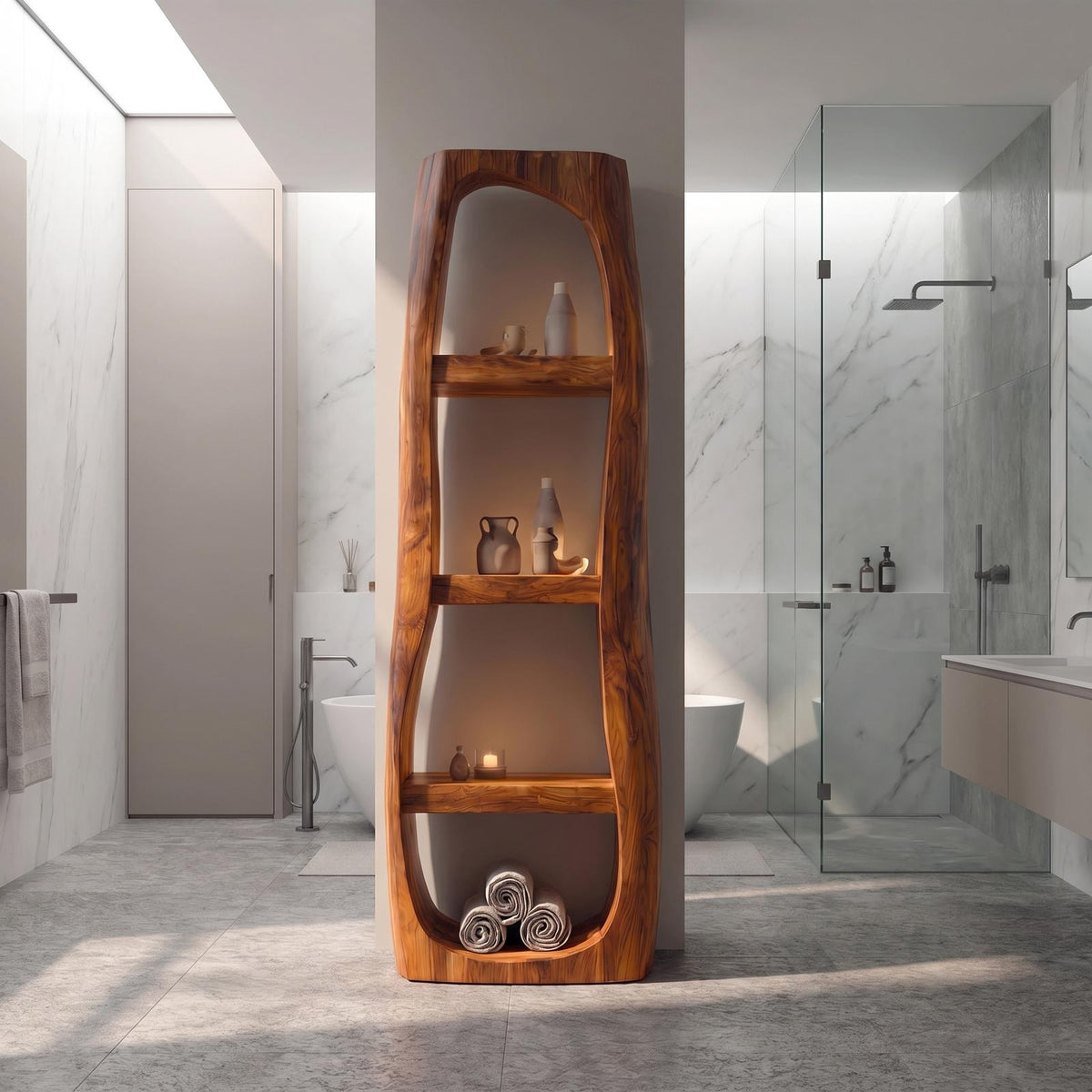 Minimalist Wood Bathroom Cabinet, Curved Arched Floor Storage Cabinet with Shelves & Door