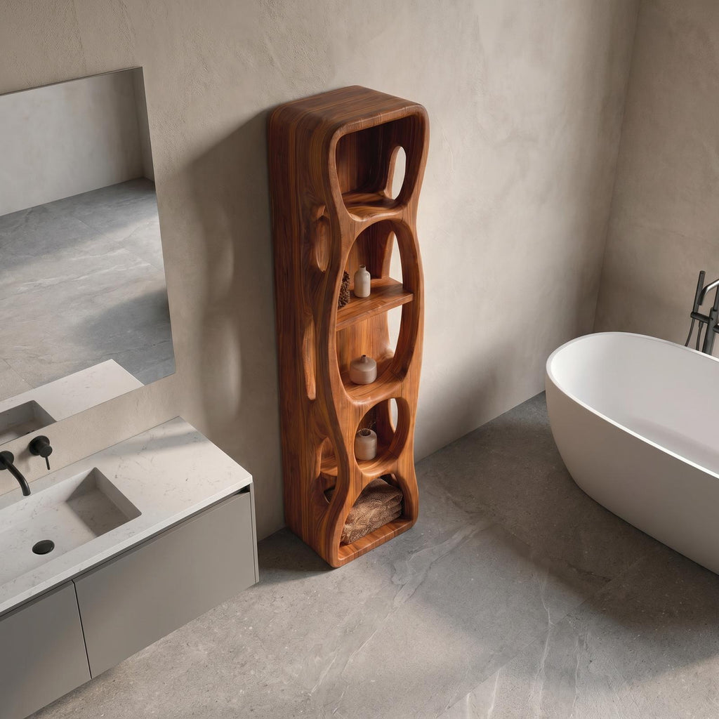 Sculptural Wood Bathroom Cabinet, Hollow Cut Out Design Vanity Storage Unit with Open Shelving