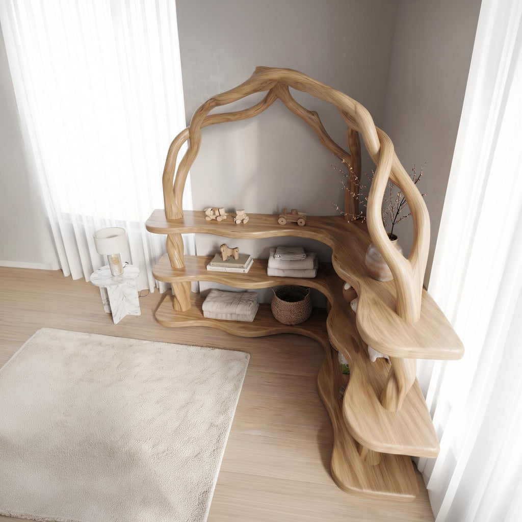 Organic Corner Bookcase with Natural Tree Branch Frame, Solid Wood Bookshelf for Living Room & Bedroom