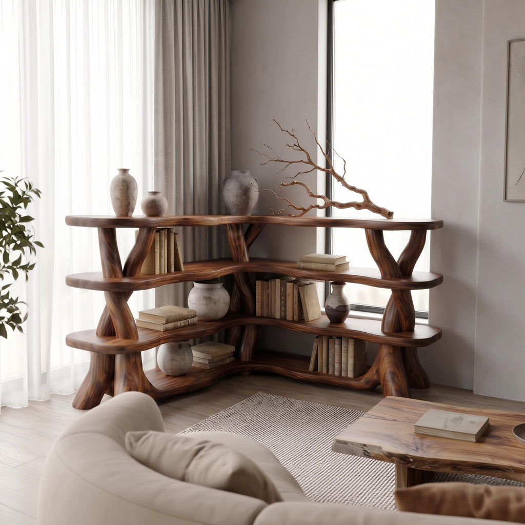 Spry Interior Rustic Organic Corner Bookshelf, Unique Tree Branch Wooden Bookcase for Living Room and Bedroom, SINLSABS017