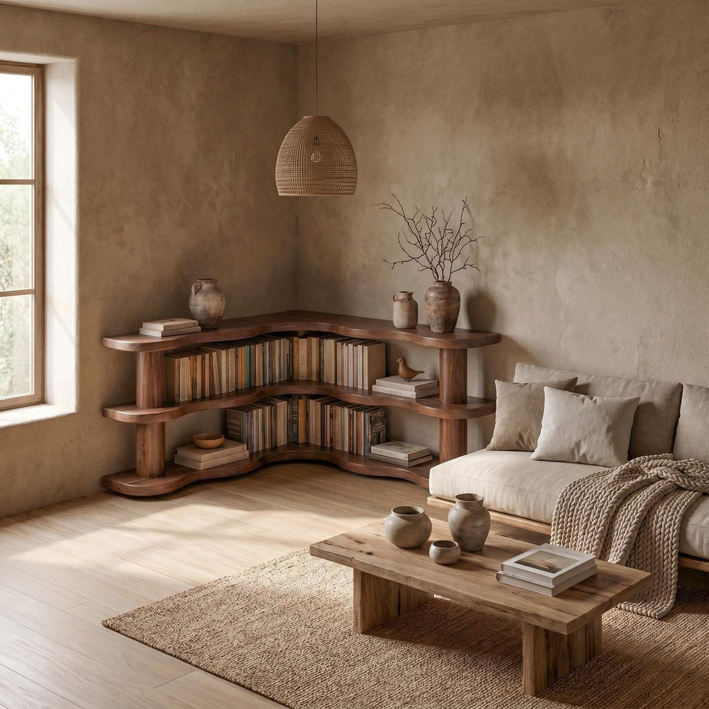 Rustic Modern Corner Bookshelf, Multi-Tier Solid Wood Bookcase Display for Living Room & Bedroom