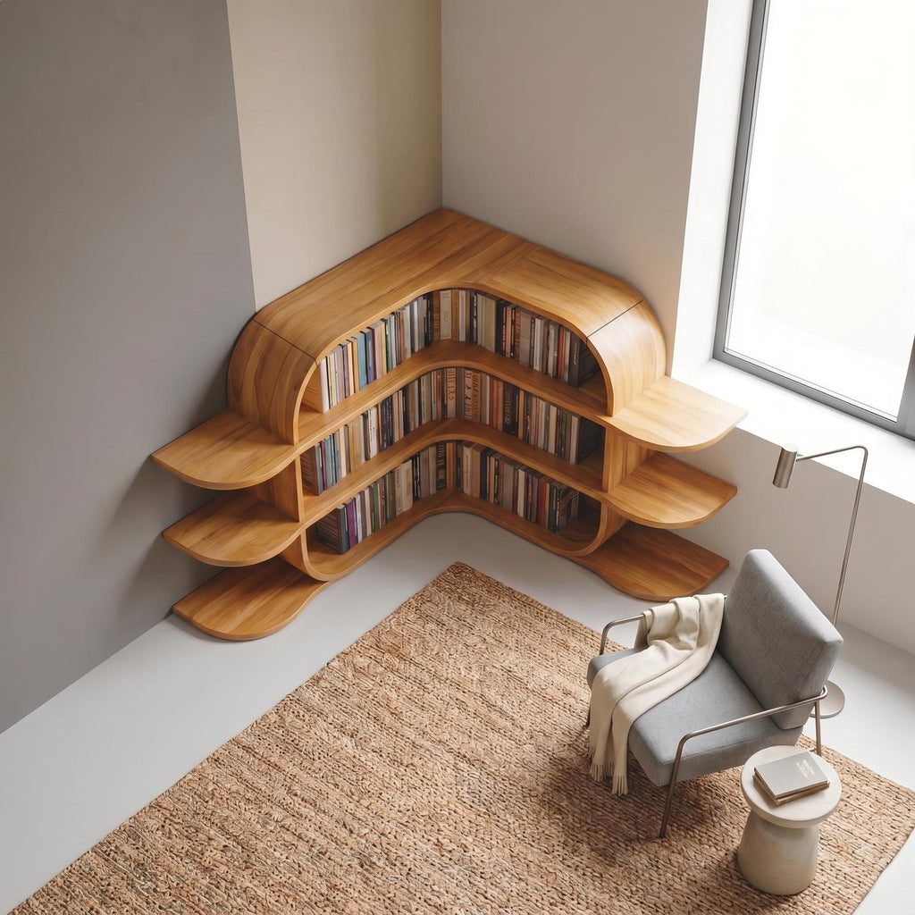 Scandinavian Arched Corner Bookshelf, Multi-Tier Wooden Bookcase Display for Living Room & Bedroom