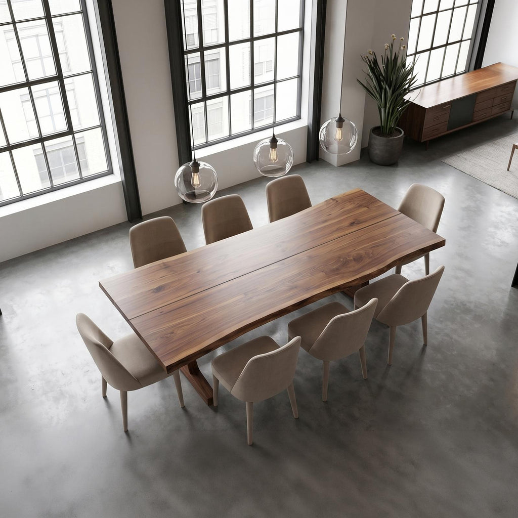Organic Live Edge Dining Table with Waterfall Wood Base, Rustic Solid Wood Kitchen Table for Dining Room