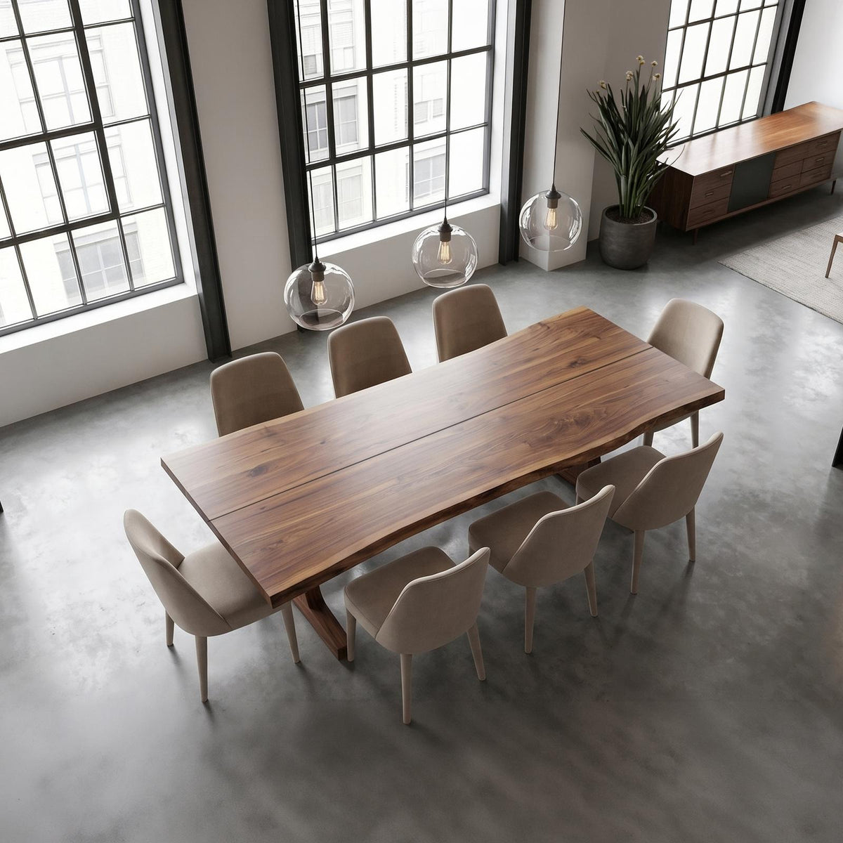 Organic Live Edge Dining Table with Waterfall Wood Base, Rustic Solid Wood Kitchen Table for Dining Room