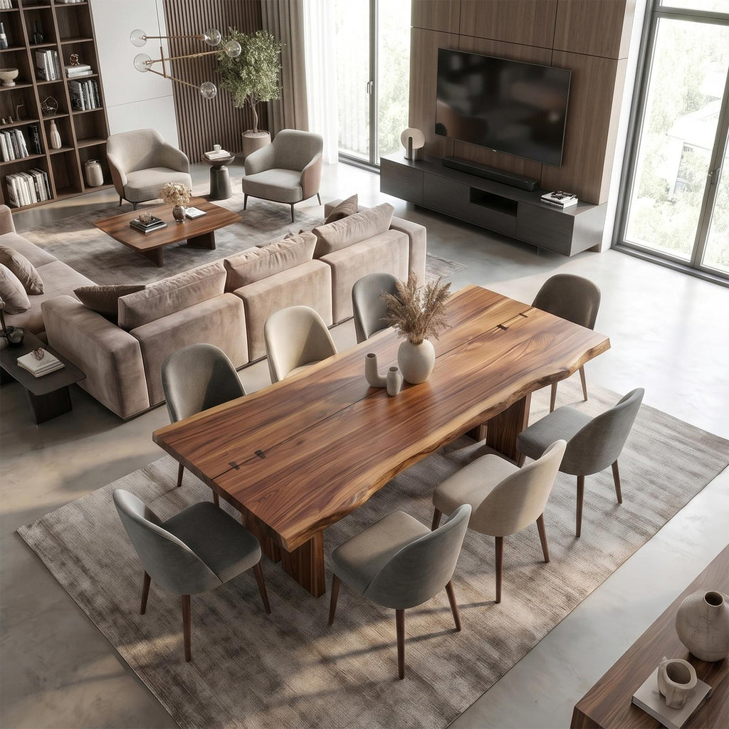 Sculptural Wood Dining Table with Chunky Pedestal Base, Round Solid Wood Kitchen Table for Dining Room