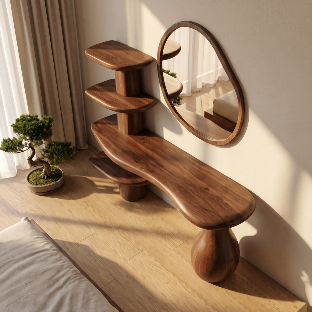 Organic Corner Vanity Table, Space-Saving Solid Wood Makeup Desk with Mirror & Storage Drawers for Small Bedrooms
