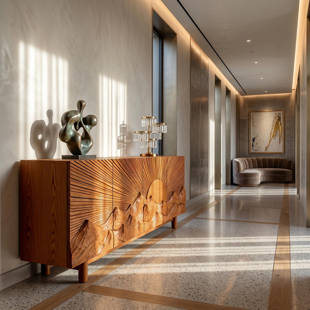 Contemporary Landscape Sideboard with Sculptural Carved Wood Doors, Artistic Living Room Buffet Credenza