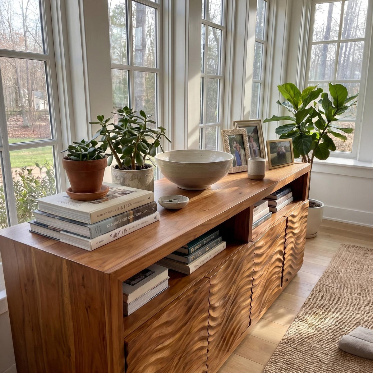Contemporary Sideboard with Geometric Carved Wood Doors & Functional Storage Cabinet, Living Room Credenza