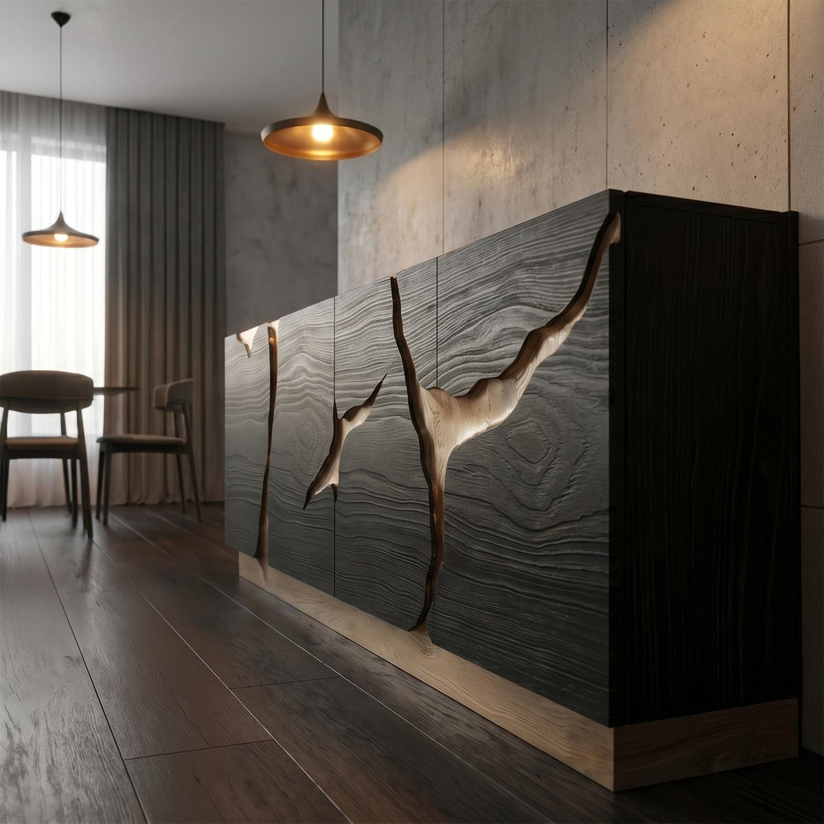 Spry Interior Organic Sideboard with Charred Wood Doors & Natural Live Edge Inlay, Shou Sugi Ban Buffet Credenza Console - SINLSASC529