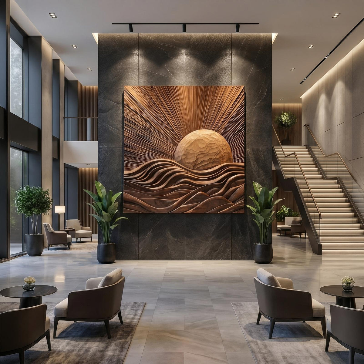 Organic Sunrise Wooden Wall Art Panel, Sunburst Carved Relief Wood Sign Decor for Living Room, Entryway