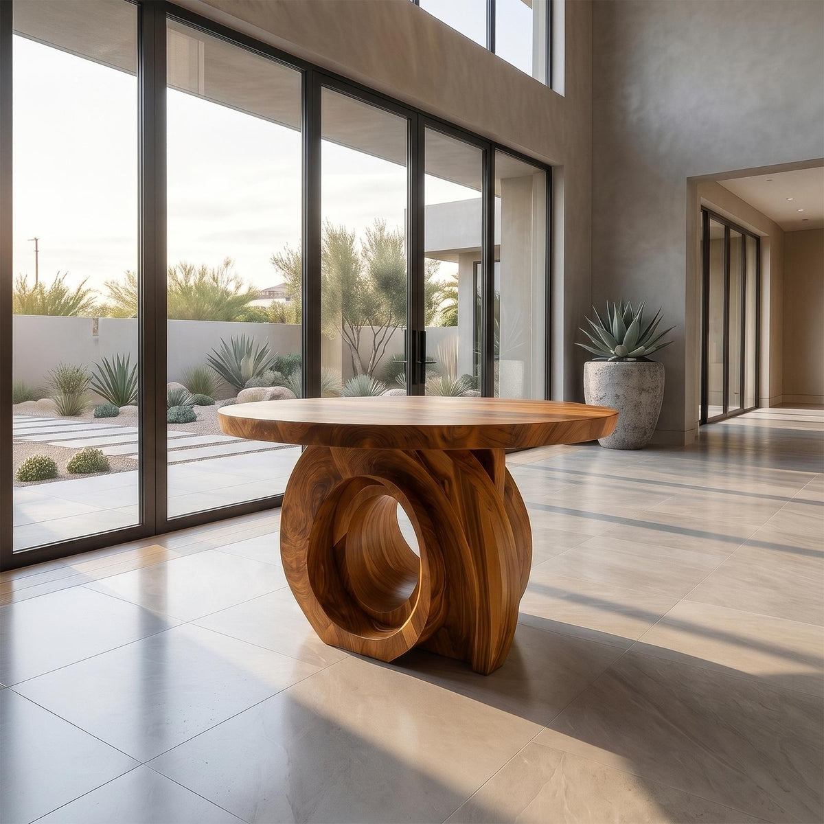 Modern Round Foyer Table, Sculptural Ring Pedestal Solid Wood Entryway & Hallway Accent Table