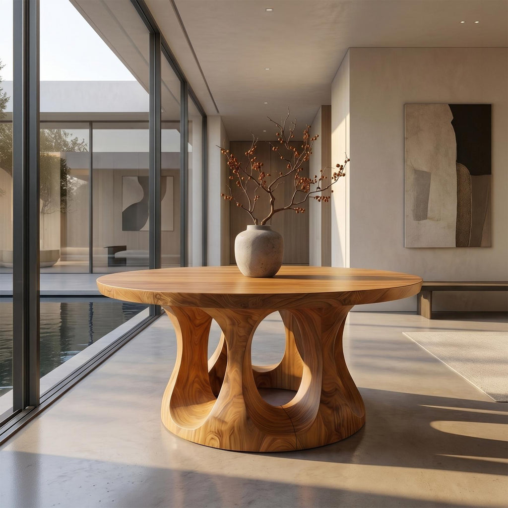 Organic Round Foyer Table, Sculptural Dual Ring Pedestal Entryway & Hallway Console Table