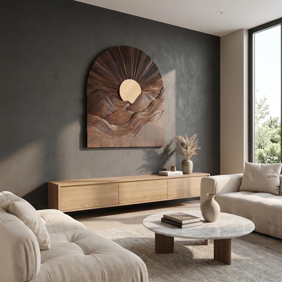 Sunburst Wall Art, Round Sculptural Wooden Relief Panel Decor for Living Room, Bedroom & Entryway
