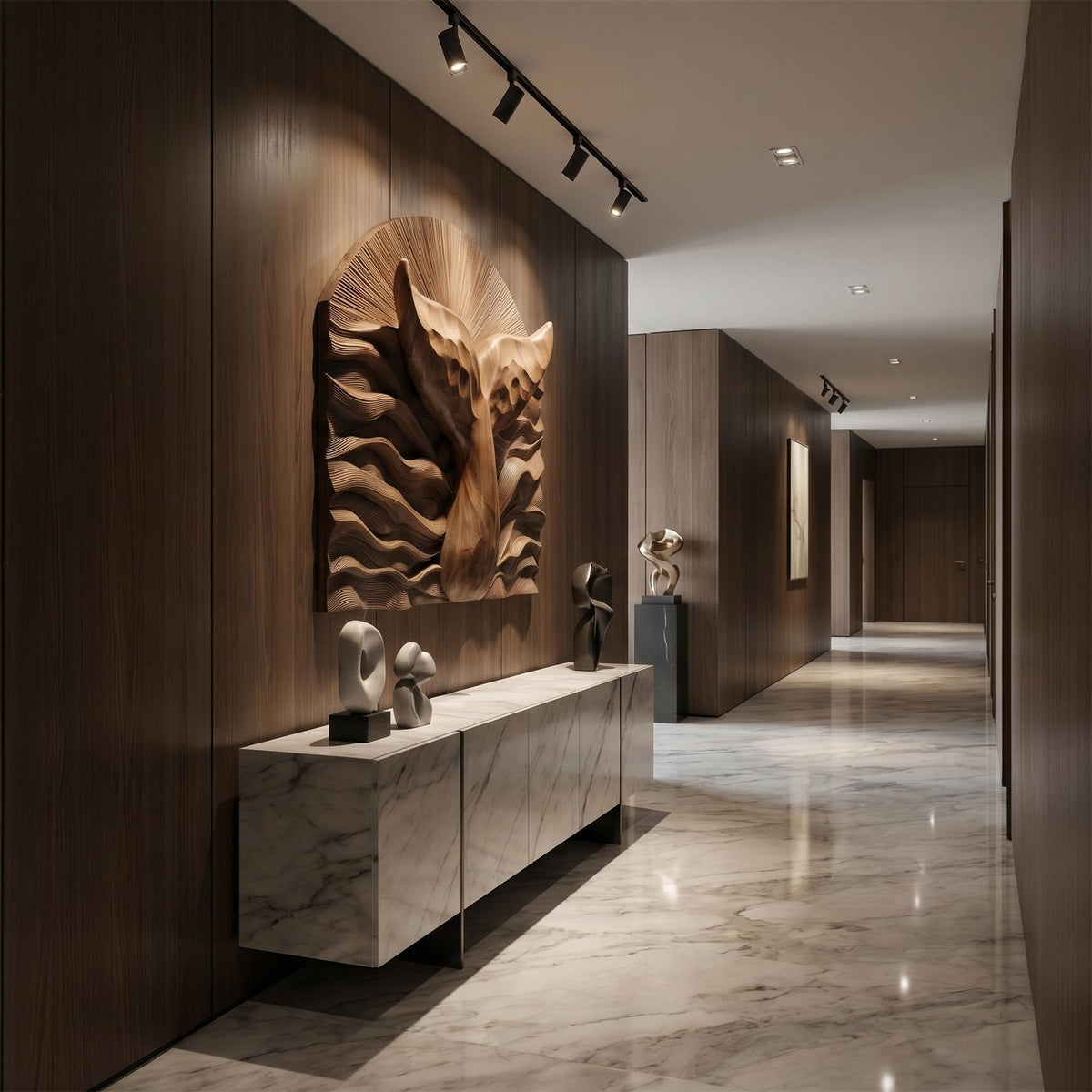 Abstract Wall Art, Sculptural 3D Relief Carved Wood Panel Decor for Contemporary Living Room & Entryway