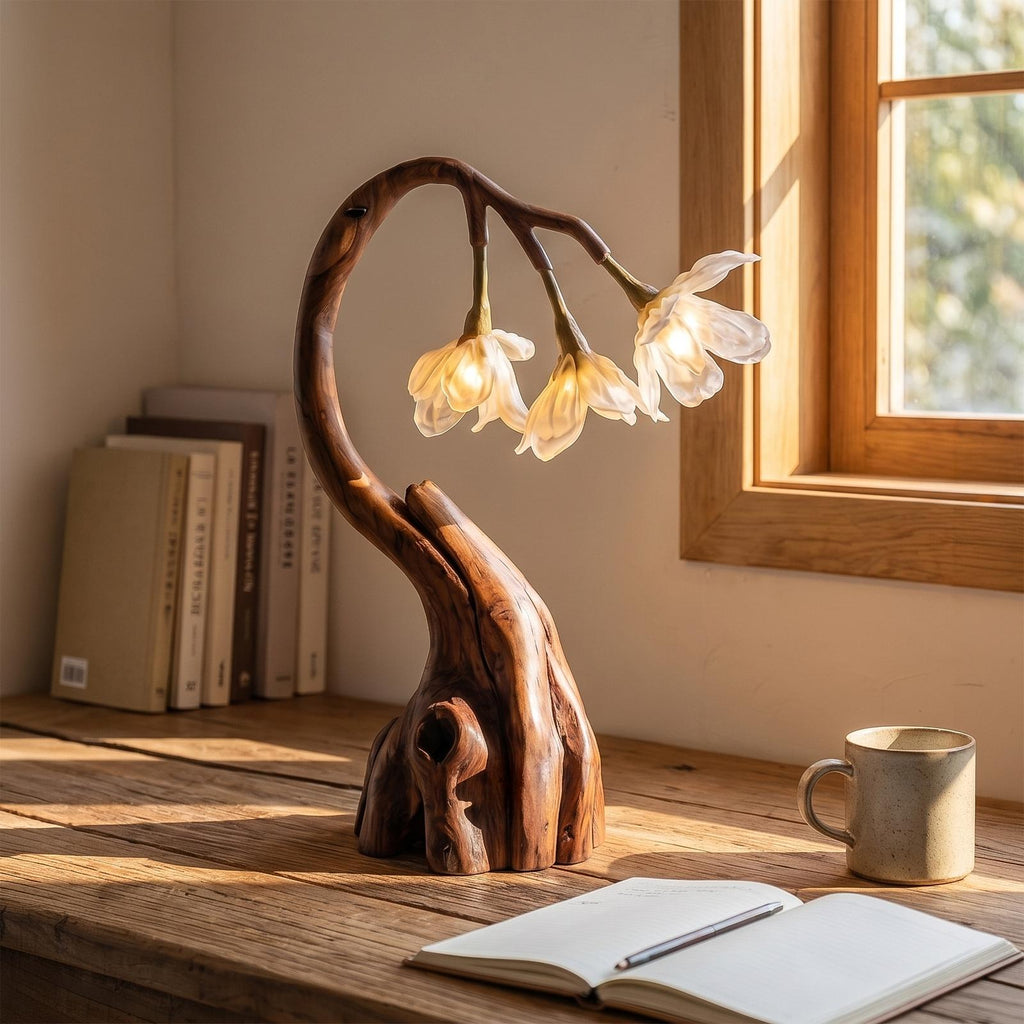 Rustic Tree Branch Table Lamp, Sculptural Driftwood Base Bedside Accent Nightstand Light for Living Room