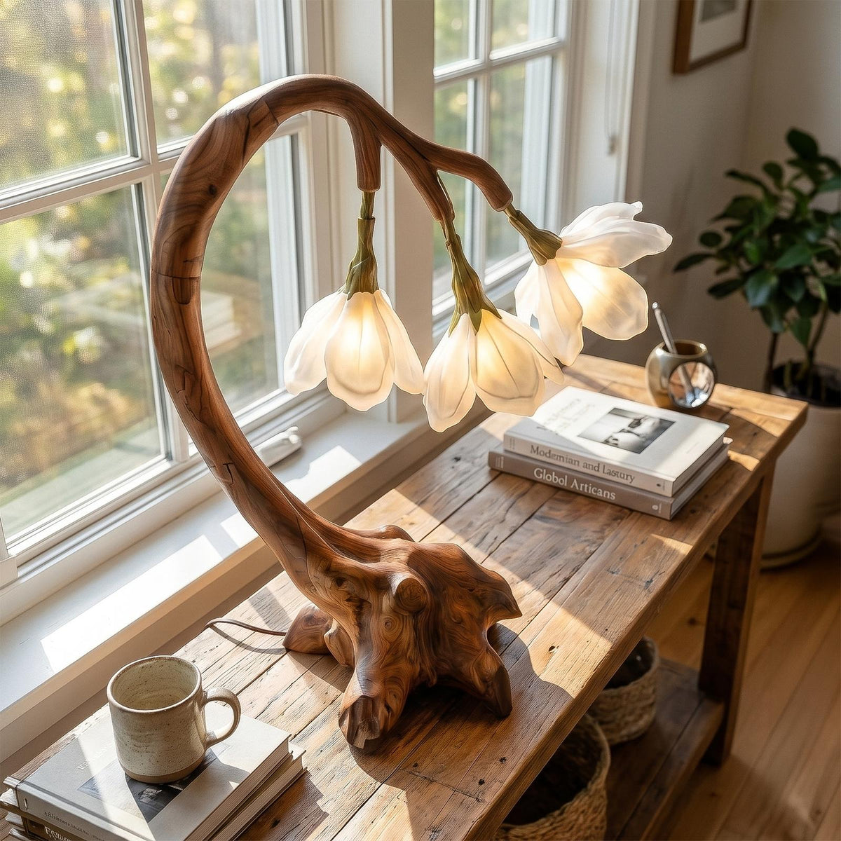Organic Flower Table Lamp, Sculptural Solid Wood Base Bedside Reading Light for Living Room & Bedroom
