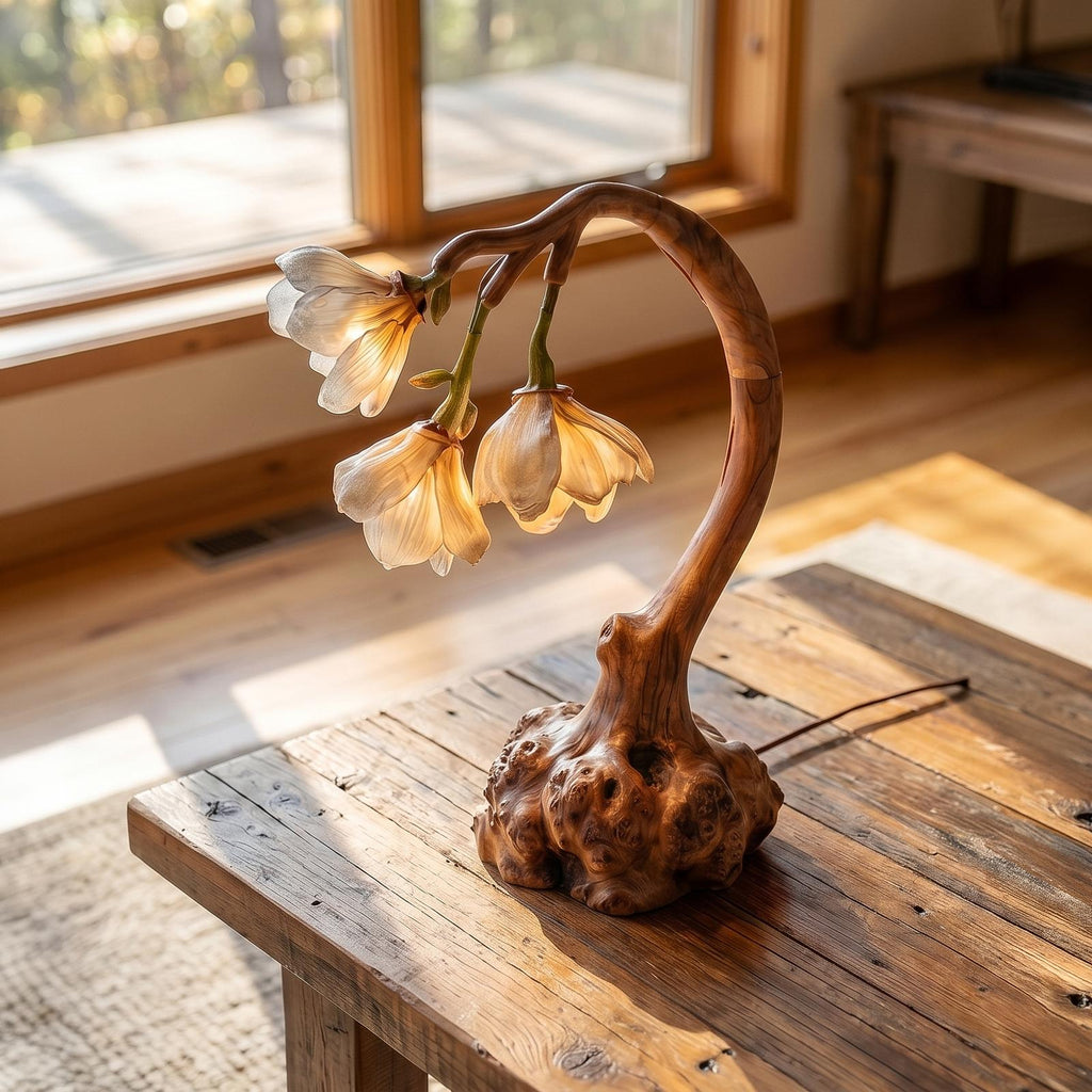 Minimalist Floral Table Lamp, Organic Solid Wood Base Bedside Accent Light for Living Room and Bedroom
