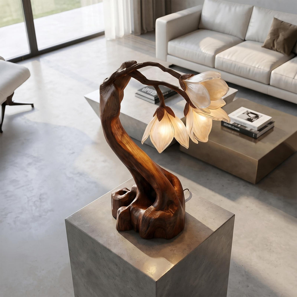 Organic Floral Table Lamp, Handcrafted Sculptural Solid Wood Base Accent Light for Bedroom & Living Room Nightstand