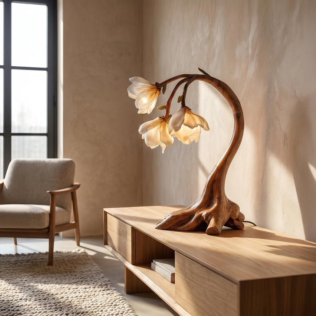 Rustic Floral Table Lamp, Handcrafted Sculptural Driftwood Base Nightstand Light for Living Room & Bedroom