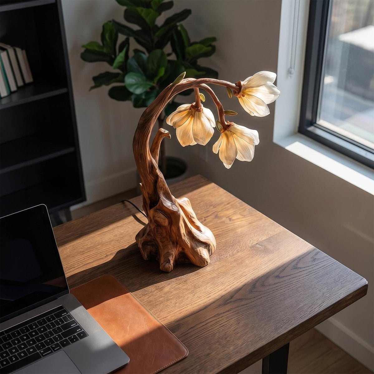 Contemporary Floral Table Lamp with Sculptural Solid Wood Base, Modern Bedside Desk Nightstand Lamp for Bedroom
