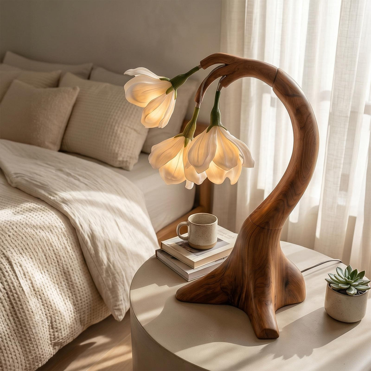 Modern Floral Table Lamp with Sculptural Curved Wood Base, Elegant Bedside Desk Nightstand Reading Light
