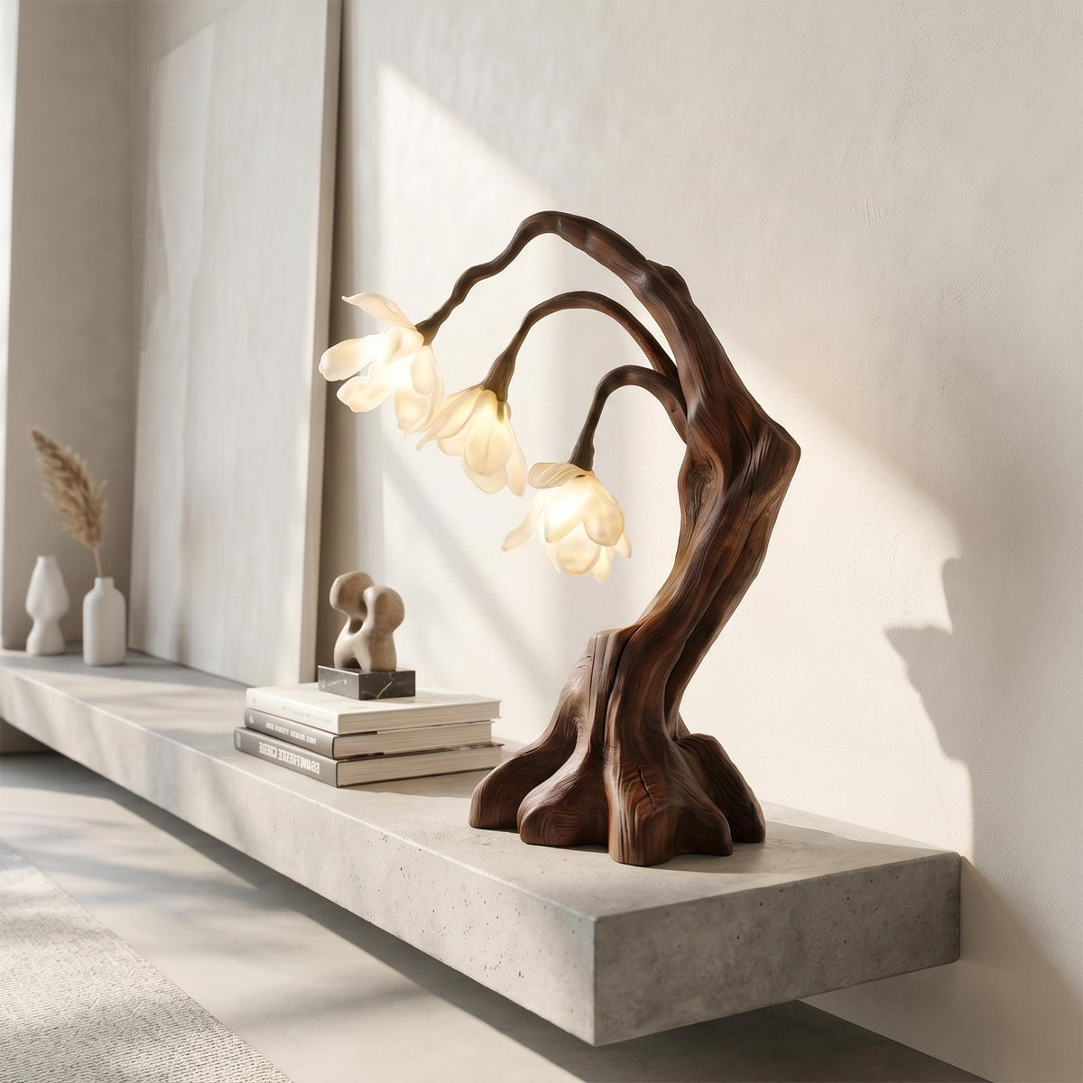 Modern Floral Table Lamp with Sculptural Driftwood Base, Handcrafted Wood Bedside Desk Nightstand Night Light