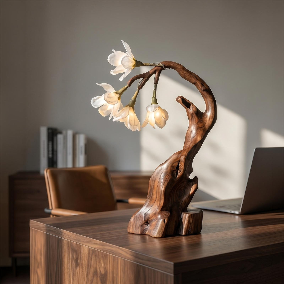 Contemporary Floral Table Lamp with Twisted Solid Wood Base, Elegant Bedside Desk Nightstand Light For Living Room