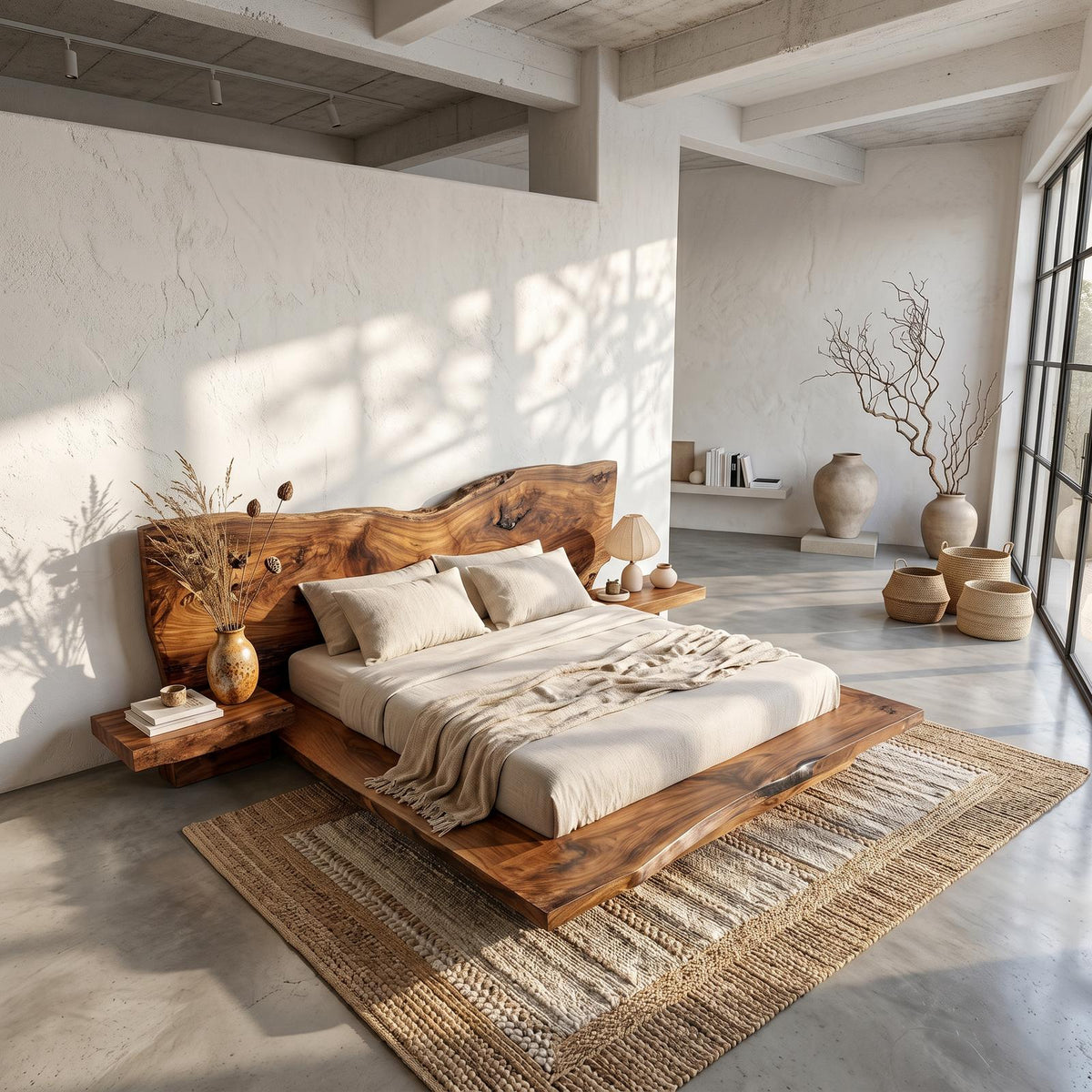 Spry Interior Rustic Live Edge Bed Frame with Handcrafted Sculptural Headboard, Solid Wood Platform Bed for Bedroom, SINLSAWB124