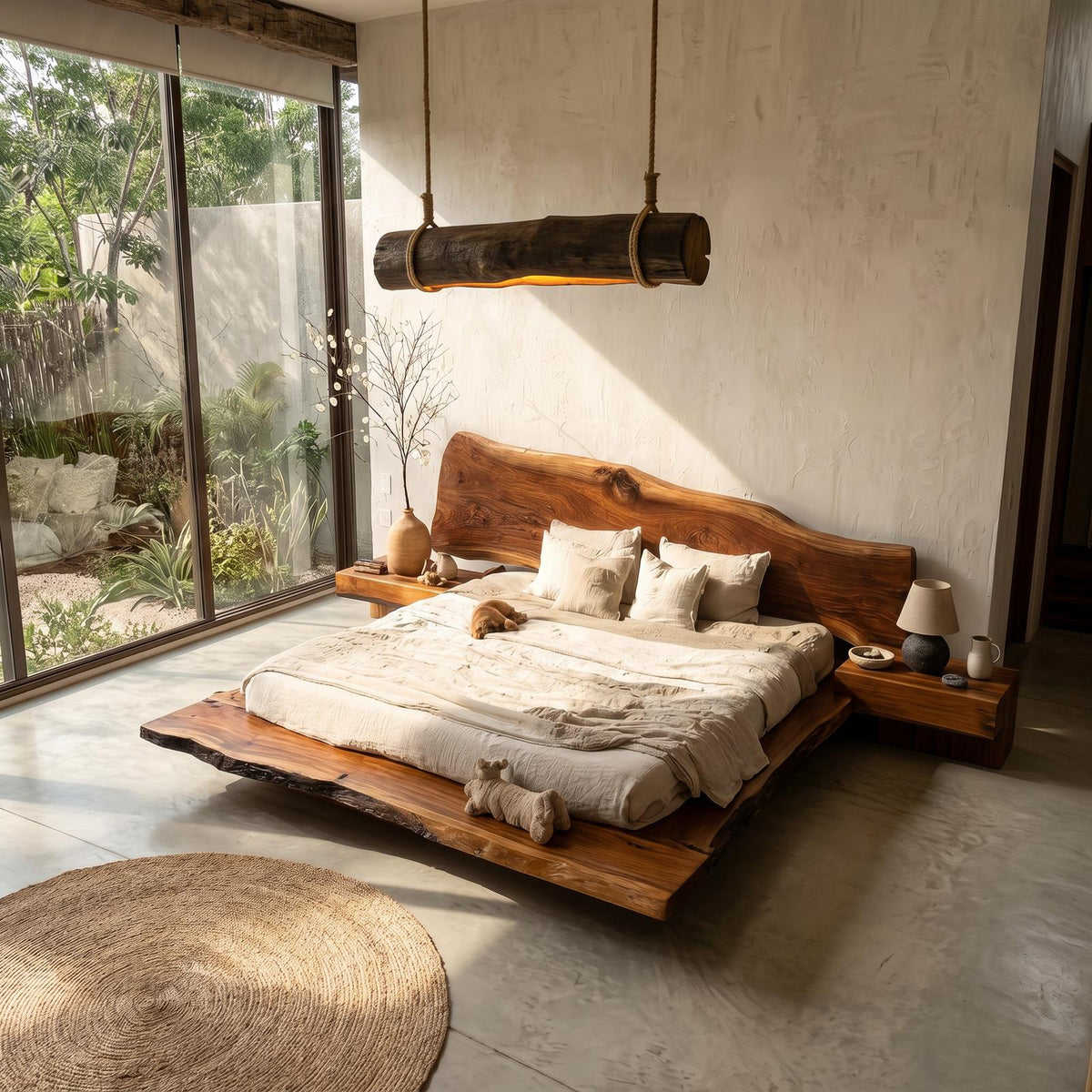 Organic Sculptural Bed Frame With Handcrafted Solid Wood Headboard And Floating Platform Design For Bedroom SINLSAWB127