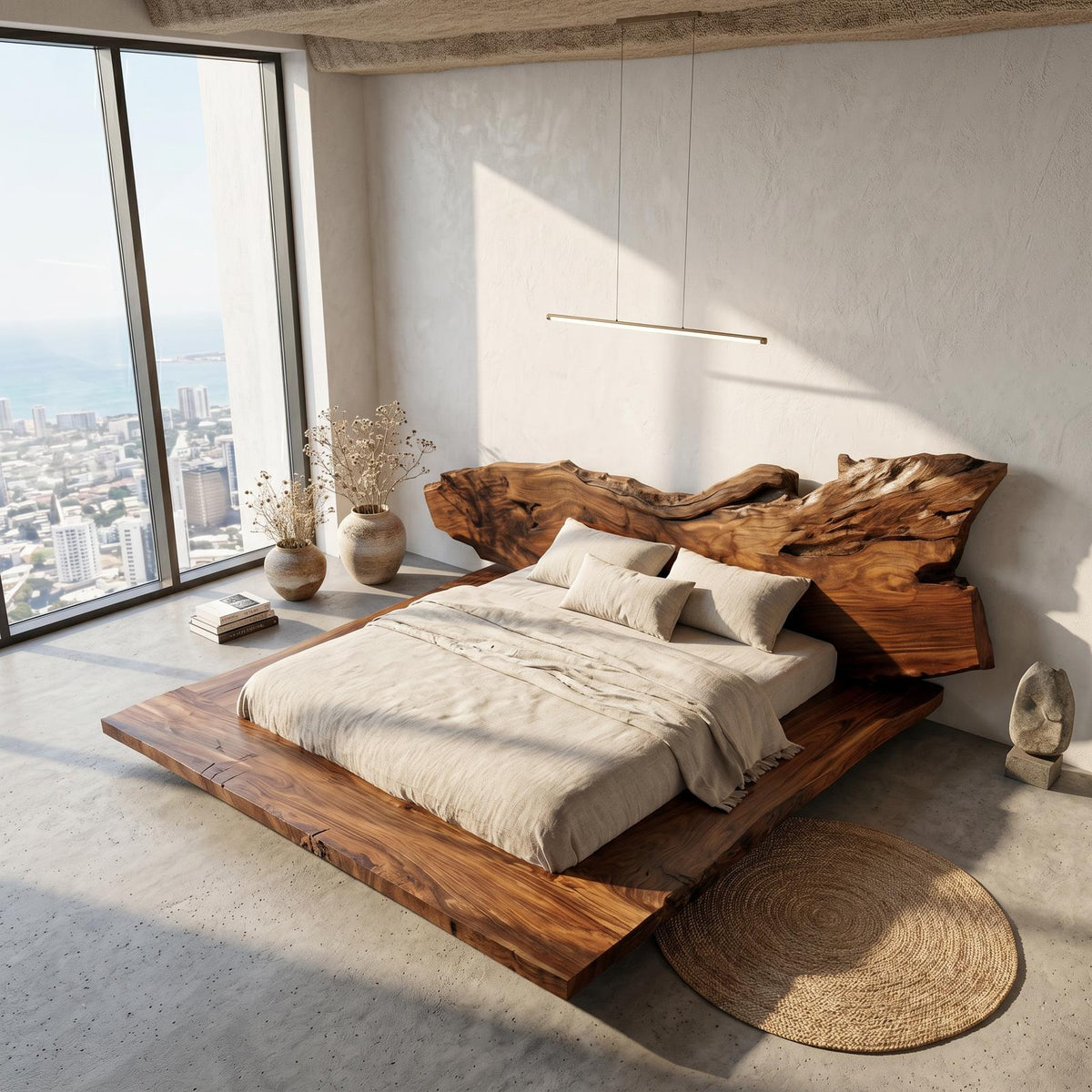 Spry Interior Modern Bed Frame with Live Edge Headboard, Handcrafted Solid Wood Platform Bed Frame, King Queen Bedroom Bed Furniture, SINLSAWB130