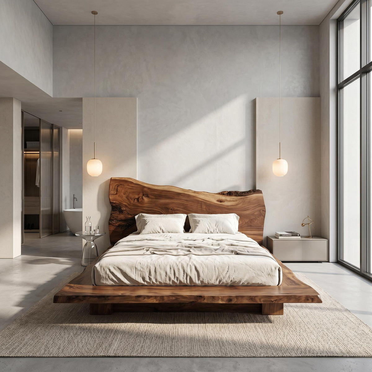 Spry Interior Japandi Bed Frame, Handcrafted Solid Wood Platform Bed Frame with Minimalist Headboard, King Queen Bedroom Furniture, SINLSAWB133