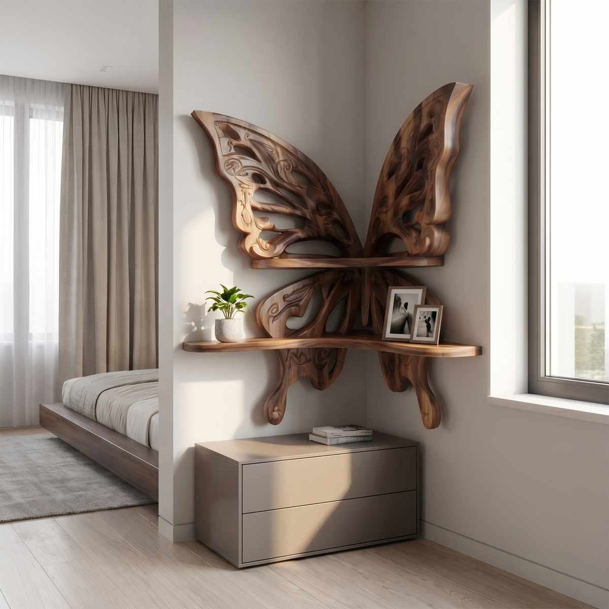 Butterfly-Inspired Floating Shelf, Sculptural Live Edge Wood Wall Shelf for Living Room, Bedroom & Entryway Decor