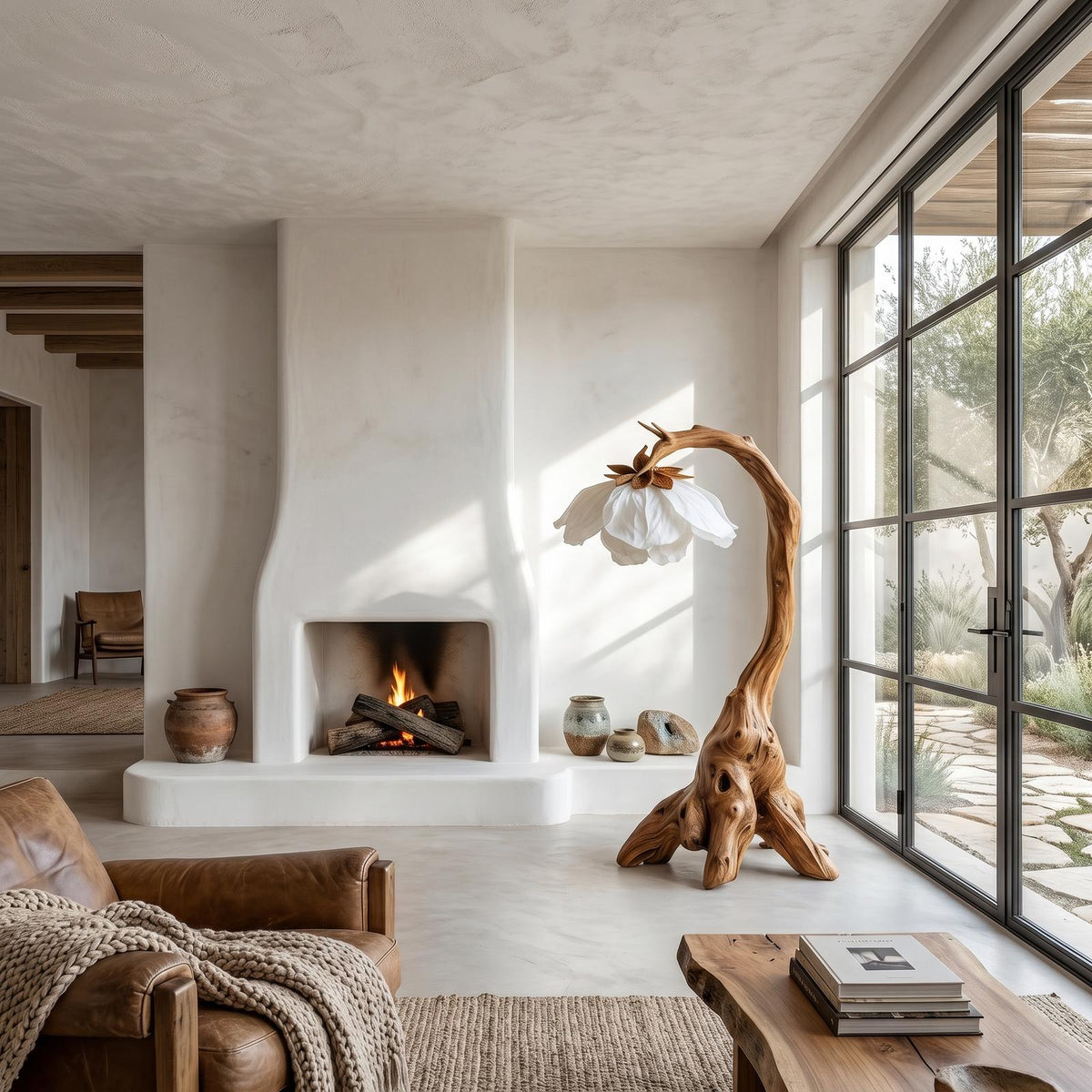 Organic Floor Lamp, Sculptural Tree Branch Wood Standing Lamp for Bedroom, Study & Reading Nook