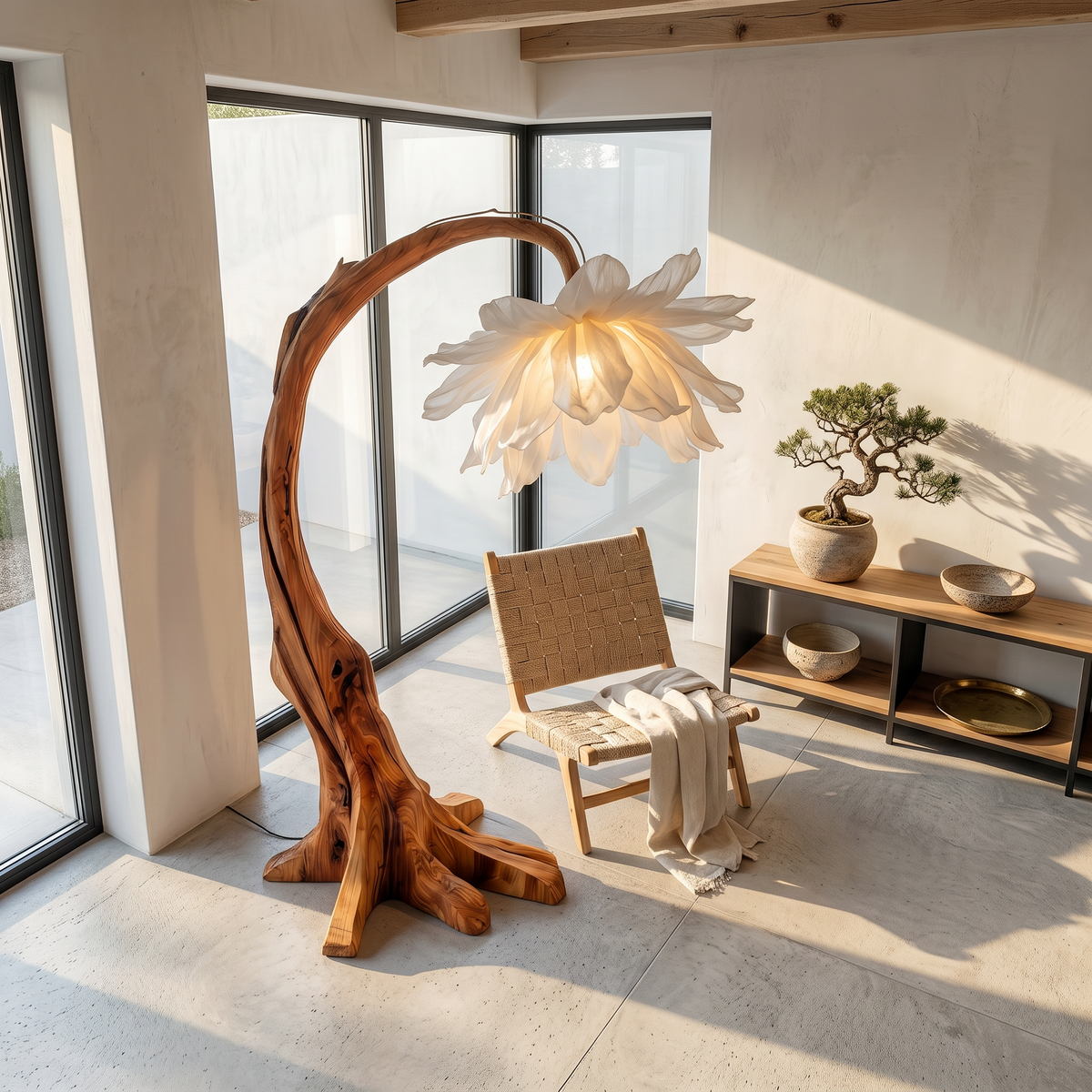Contemporary Floor Lamp, Sculptural Floral Design Handcrafted Wooden Standing Tall Light for Living Room